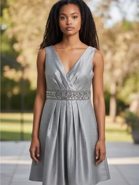 JS Boutique Silver V-Neck A-Line Dress with Bejeweled Waistband